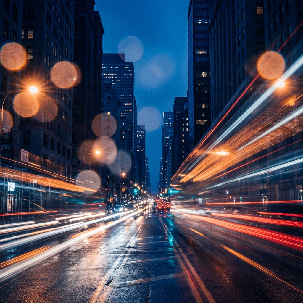 Blurred city night street with traffic lights